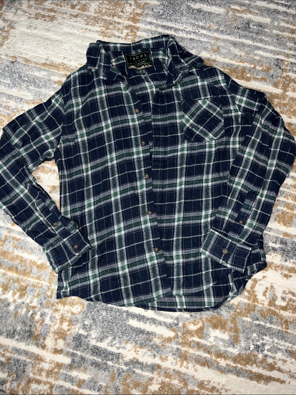 Jachs Navy, Green & White Plaid Flannel Button-Up